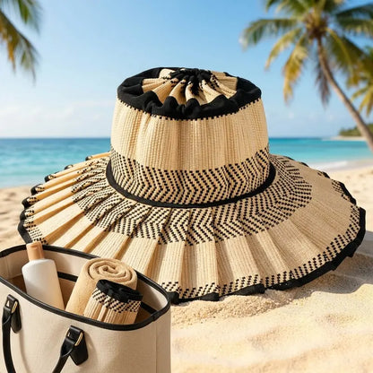 Women’s Foldable Straw Sun Hat 👒☀️ | UPF 50+ Wide Brim Ponytail Beach Visor