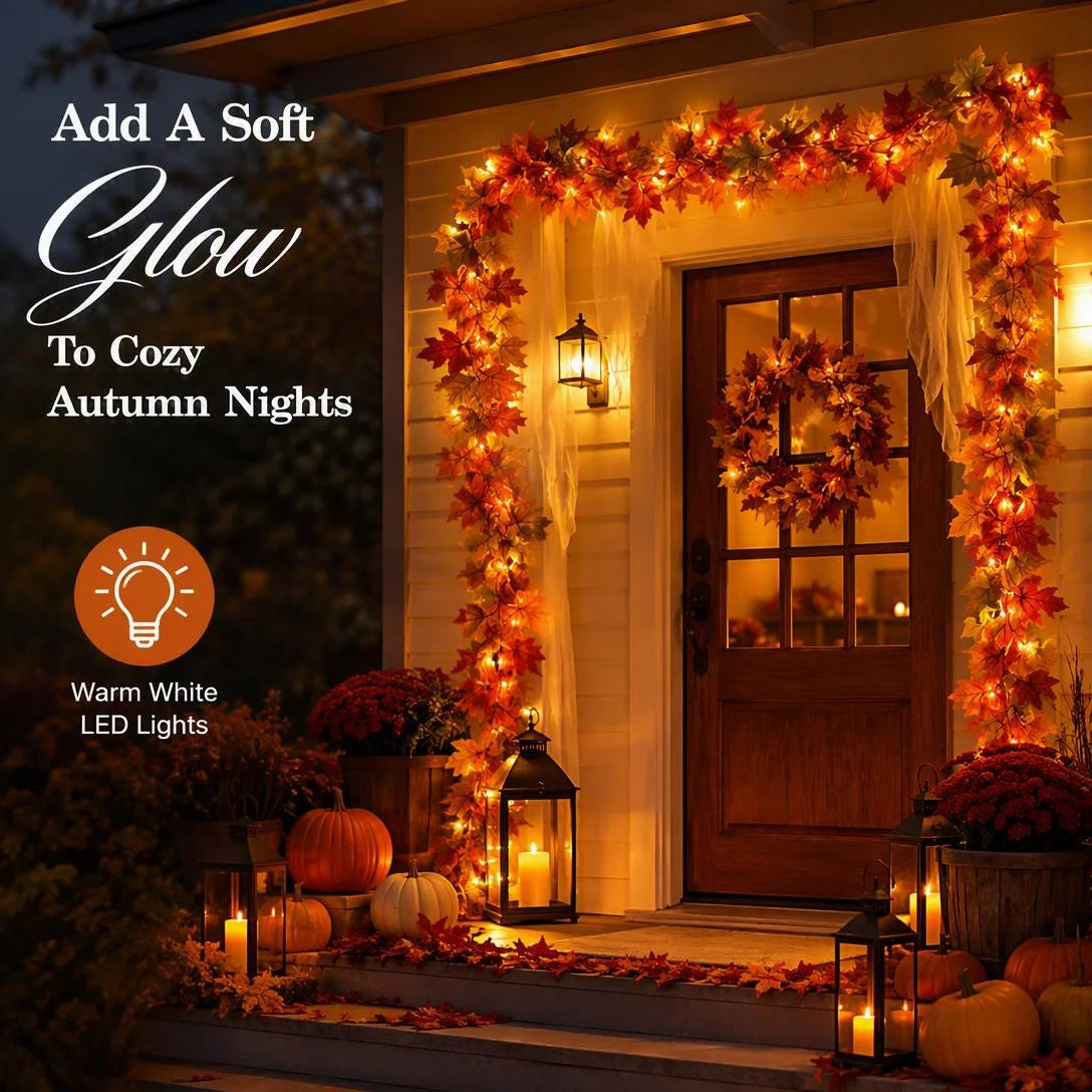 Fall Maple Leaf Lighted Garland For Thanksgiving & Holiday Decor