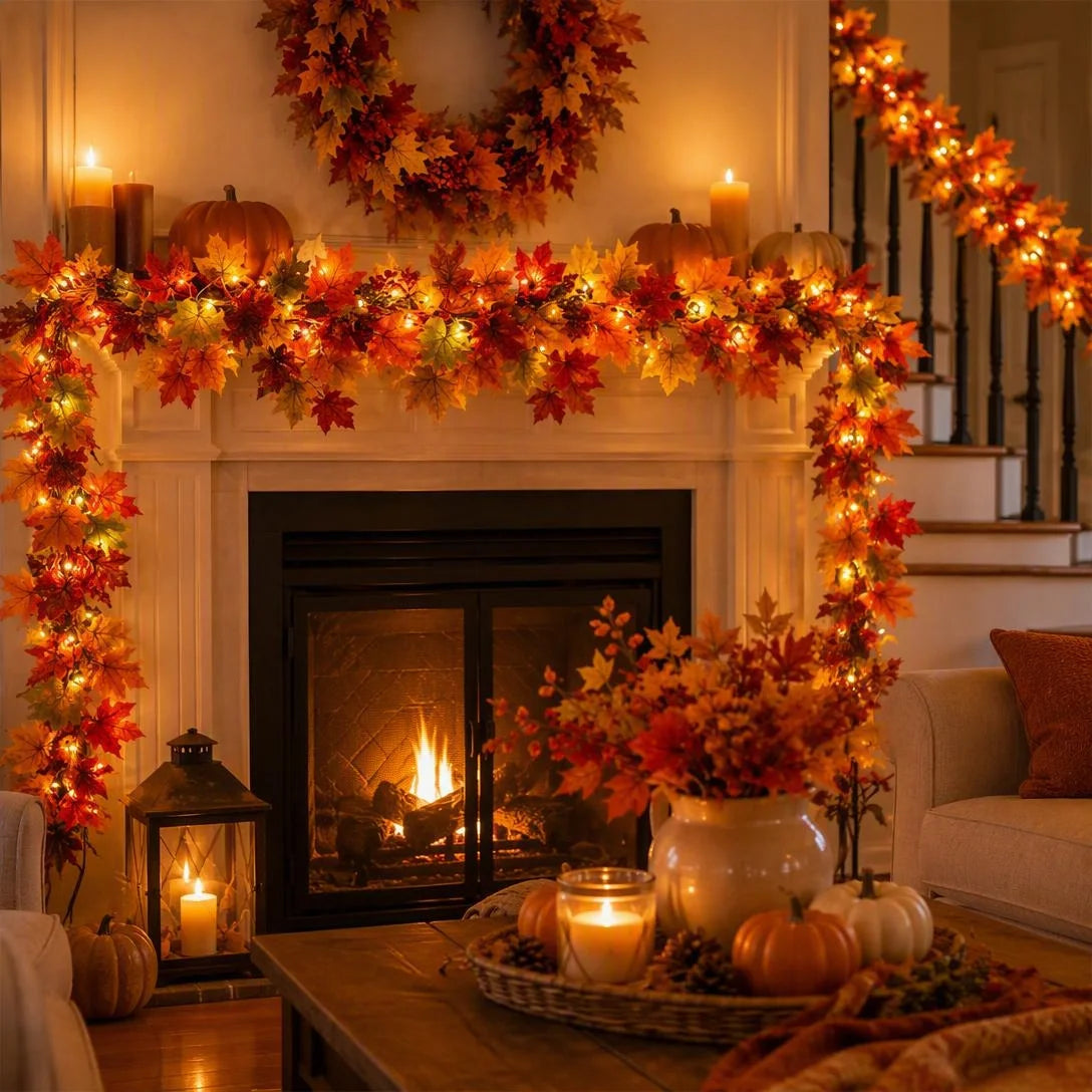Fall Maple Leaf Lighted Garland For Thanksgiving & Holiday Decor