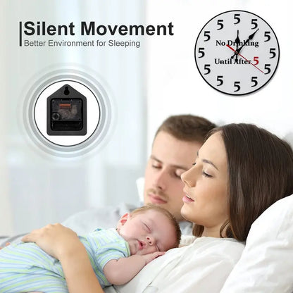 Novelty Silent Non-Ticking Round Wall Clock - Funny "No Drinking Until After 5" Design--8in