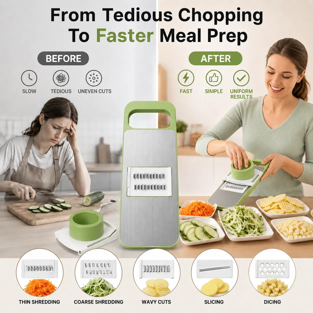 5-in-1 Vegetable Slicer &amp; Shredder — Adjustable Stainless Steel Blades