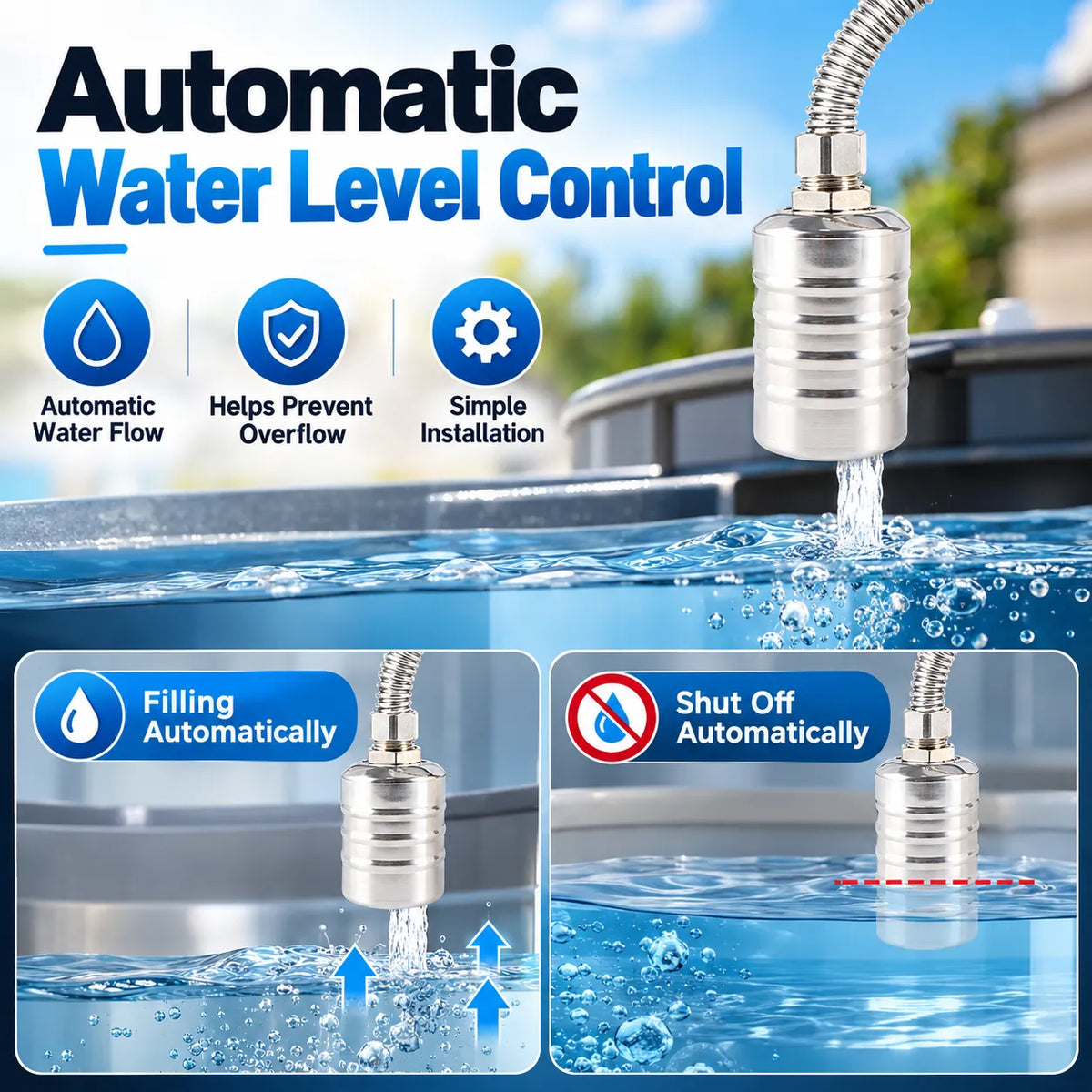 🎁Automatic Stainless Steel Water Float Valve – Compact Self-Regulating Water Level Controller with Automatic Shut-Off for Water Tanks, Pools & Storage Systems