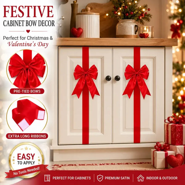 🎁Red Christmas Cabinet Bows &amp; Satin Ribbon Decorations – 4 Pack