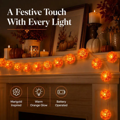 Marigold LED Memorial String Lights – 20 Glowing Flowers for Ofrendas & Remembrance