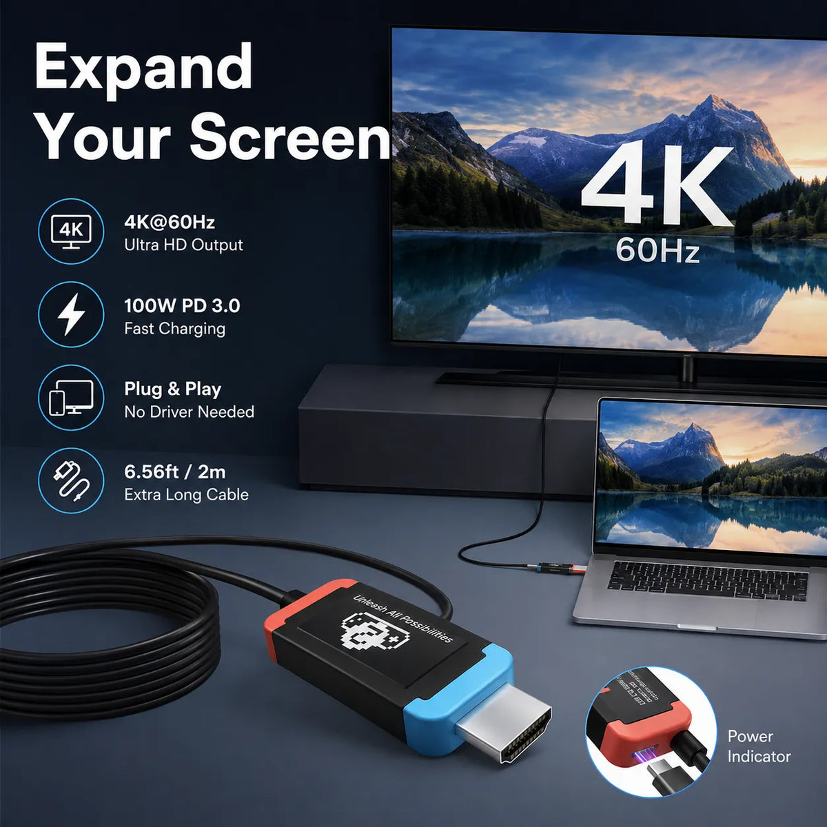 USB-C to HDMI 4K60Hz Adapter with 100W PD Charging