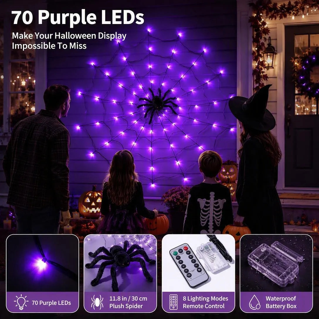 Purple LED Halloween Spider Web Lights With Spider