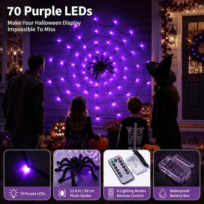 Purple LED Halloween Spider Web Lights With Spider