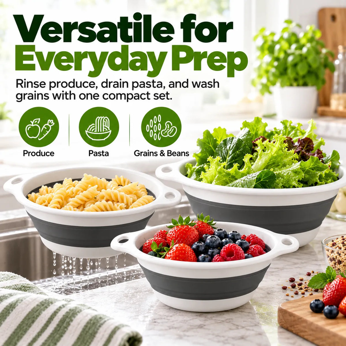 🎁3-Piece Collapsible Colander Set with Self-Draining Base