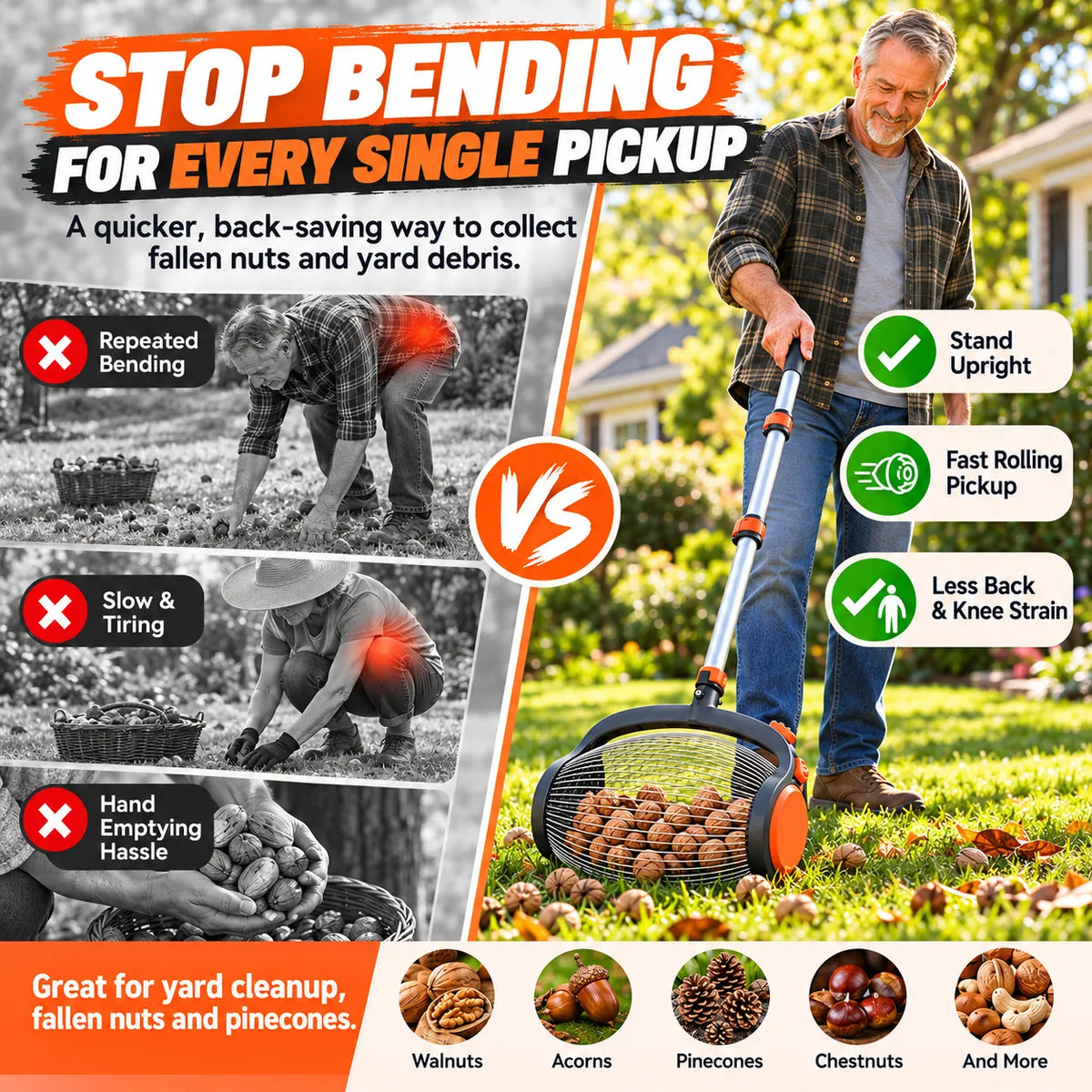 🎁Telescoping Nut Gatherer – Adjustable Rolling Nut & Fruit Collector