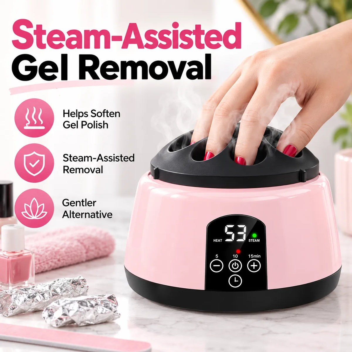 🎁Steam Gel Nail Polish Remover – Adjustable Temperature & Timer for At-Home Nail Care
