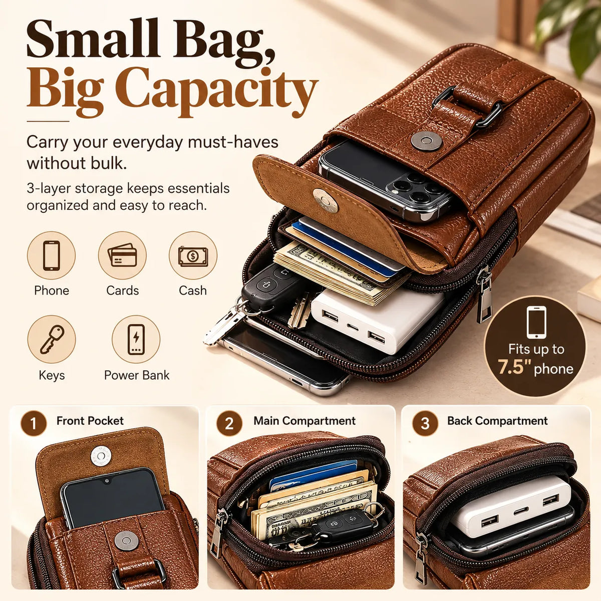 🎁Men’s Leather Phone Bag with 3 Compartments, Magnetic Flap & Adjustable Crossbody Strap