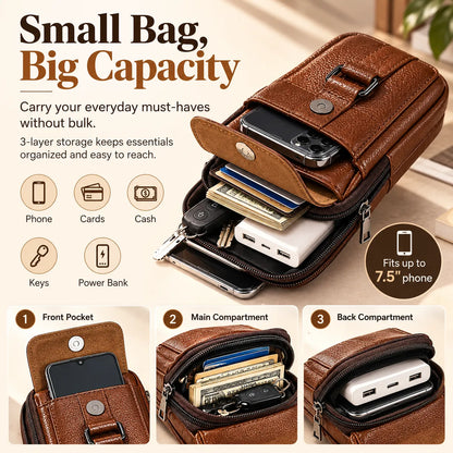 🎁Men’s Leather Phone Bag with 3 Compartments, Magnetic Flap & Adjustable Crossbody Strap