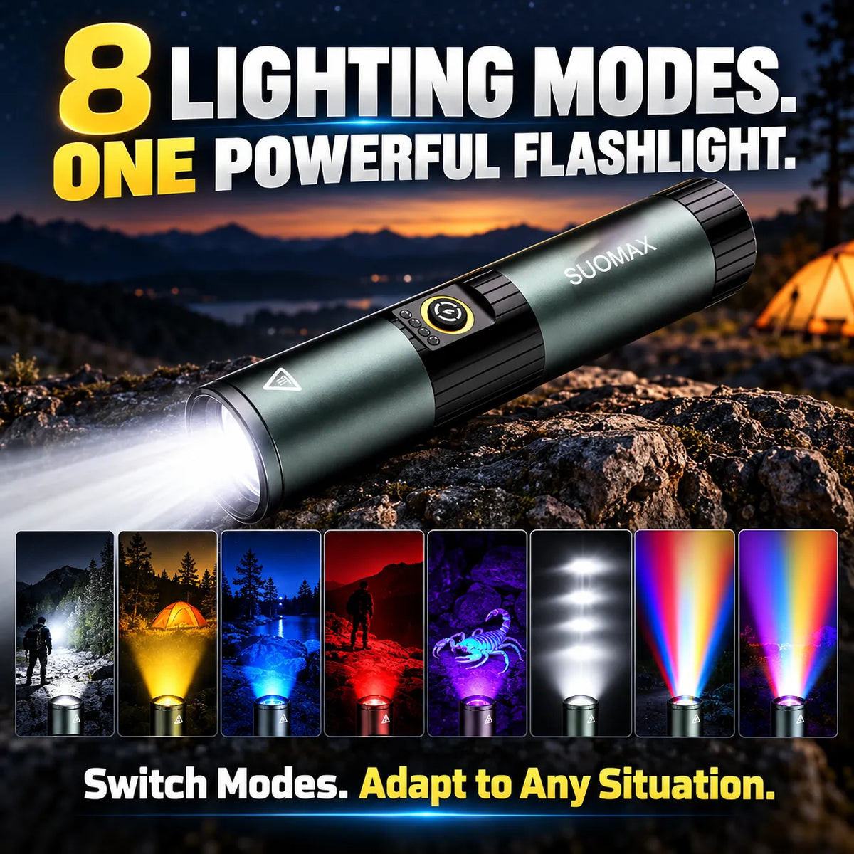 🎁8-Mode Rechargeable LED Flashlight – Adjustable Focus & UV Light