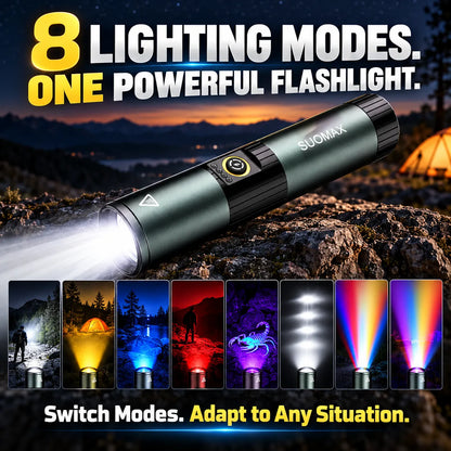 🎁8-Mode Rechargeable LED Flashlight – Adjustable Focus & UV Light