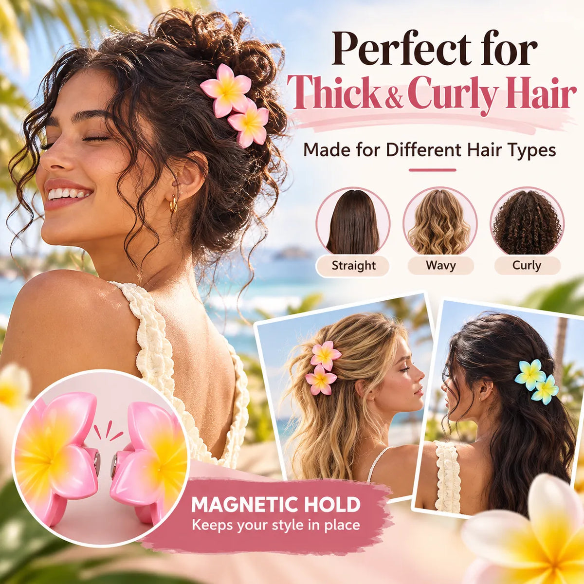 🎁Flower Hair Clips for Women, Strong Hold No-Slip Hair Accessories, Seamless Magnetic Clasp, Stylish Hawaiian Flower Hair Barrettes for Thick & Curly Hair