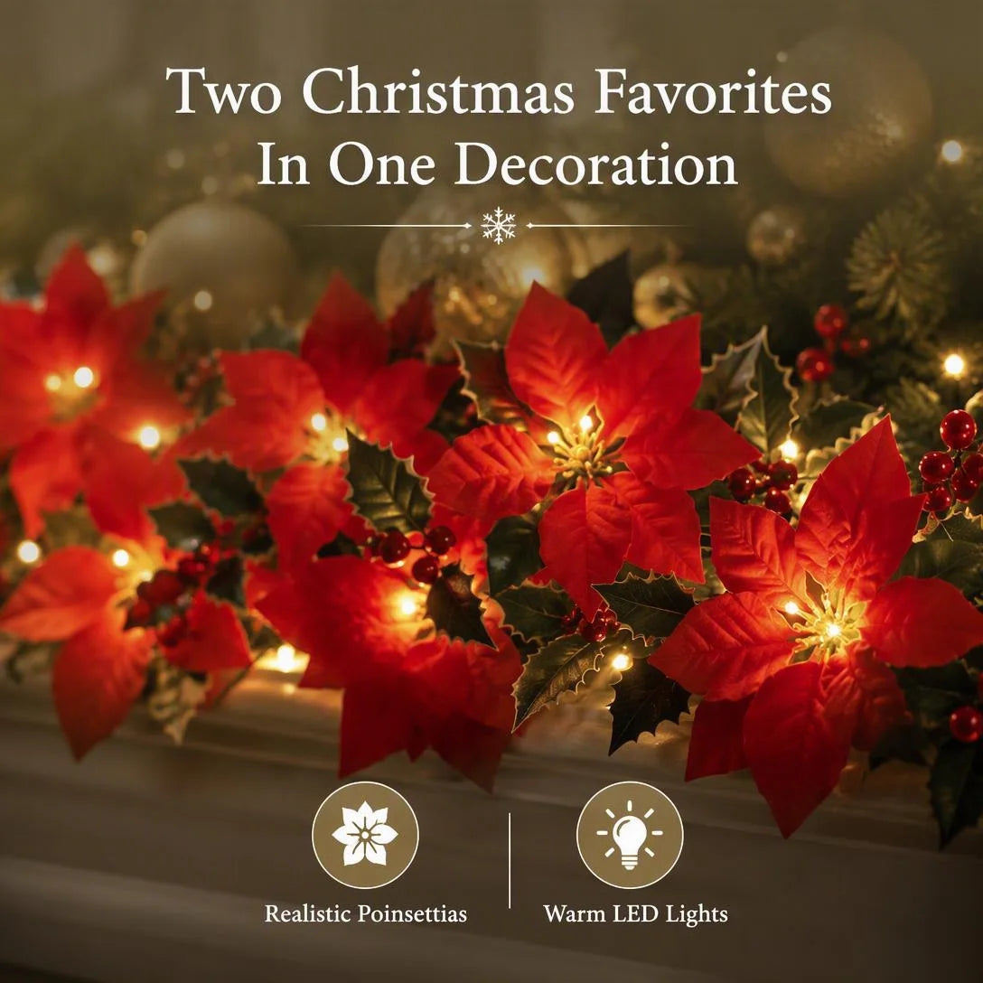 LED Poinsettia Christmas Garland Lights for Holiday Decor