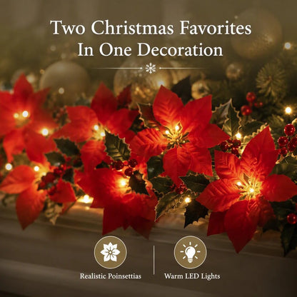 LED Poinsettia Christmas Garland Lights for Holiday Decor