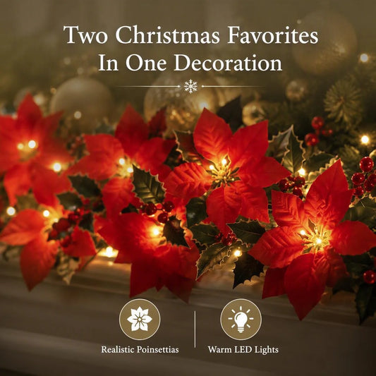 LED Poinsettia Christmas Garland Lights for Holiday Decor