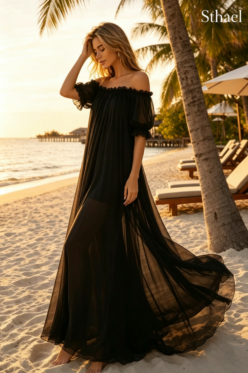 Obsidian Black Sheer Mesh Ruffle Nightgown
