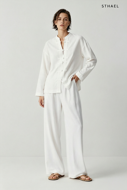 Women’s Linen-Blend Oversized Shirt with Frog Fastening