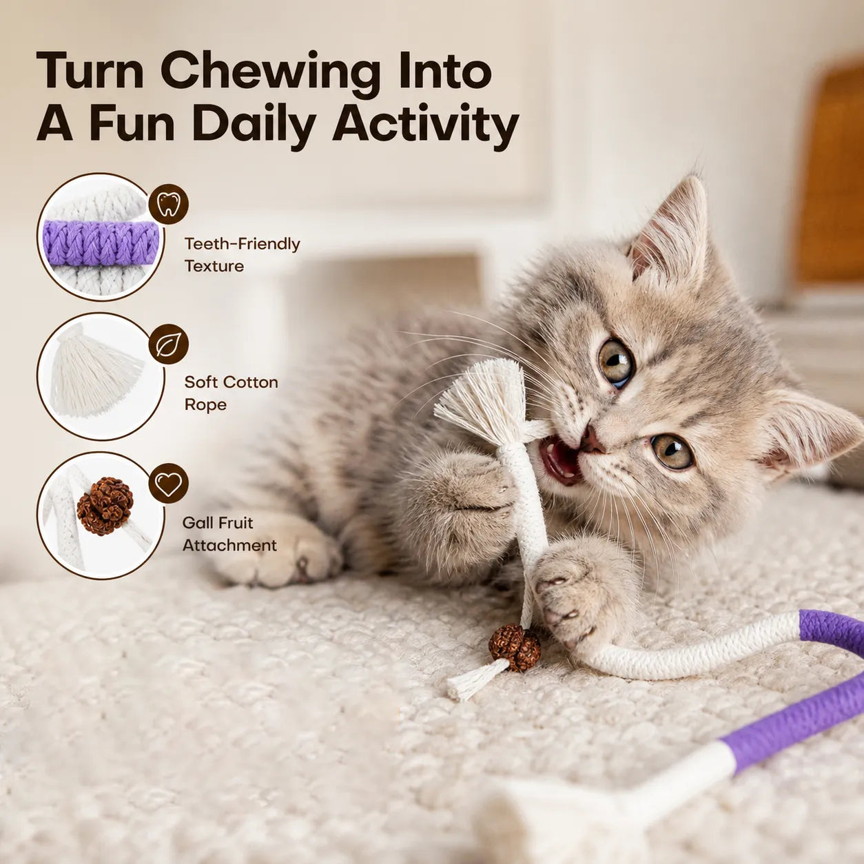 3pcs Interactive Cat Chew Rope Toys for Dental Care &amp; Play