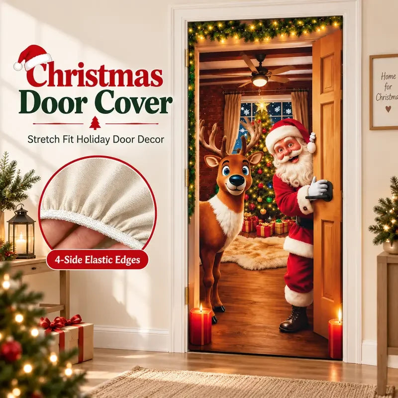 🎁Stretch Christmas Door Cover with Santa &amp; Reindeer Print