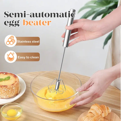 2PCS Stainless Steel Hand-Push Rotary Whisk – Semi-Automatic Egg Beater & Milk Frother