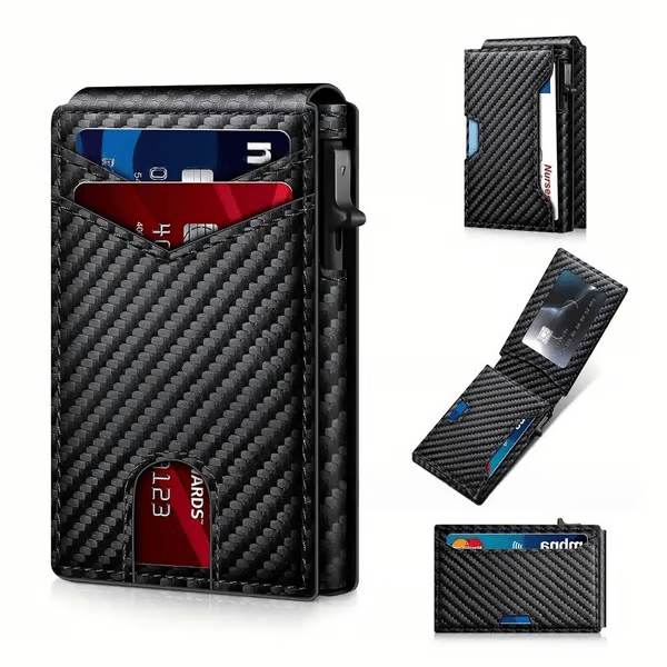 💥🎁 Slim Wallet for Men with Pop-Up Aluminum Case. RFID Blocking  Minimalist Leather Bifold Card Holder