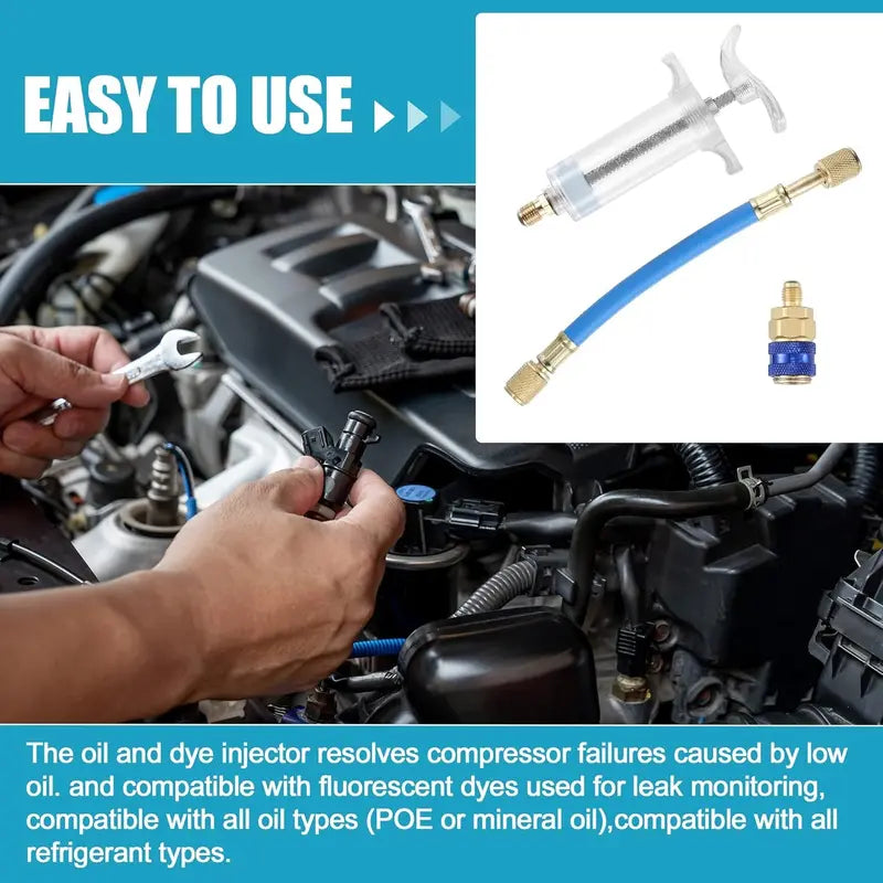 30ml (1 Oz) Manual AC Oil & UV Dye Injector Kit with 1/4" SAE Quick Coupler for Automotive & HVAC Air Conditioning Systems