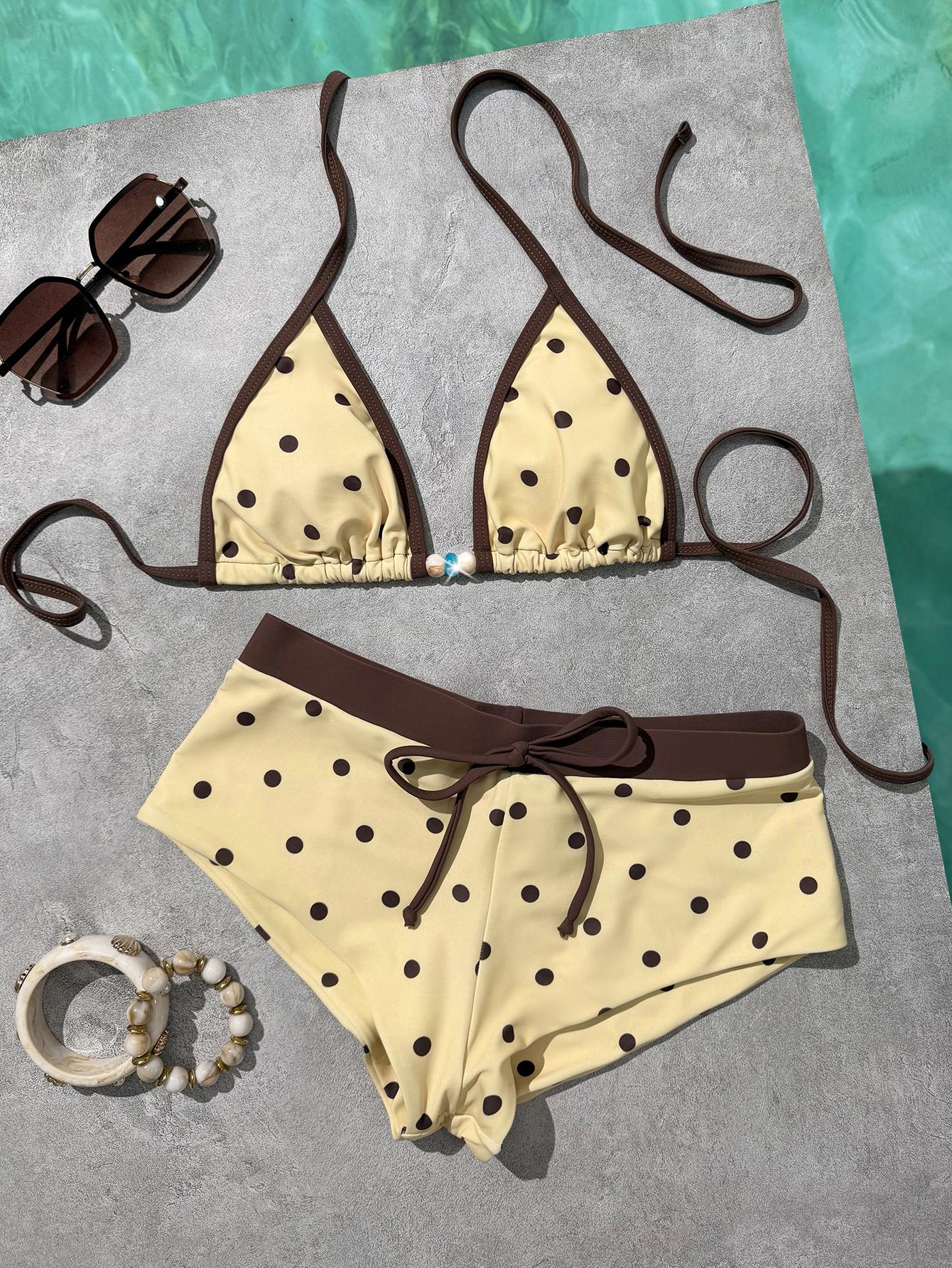 PEPPERMOLLY Women’s 2-Piece Retro Yellow Polka Dot Bikini Set – Y2K Color Block Beachwear & Vacation Outfit