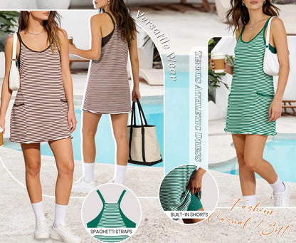 👗 Tanming Women’s Summer Athletic Mini Dress – Sleeveless V-Neck Striped Tennis Dress with Built-In Shorts ☀️🎾