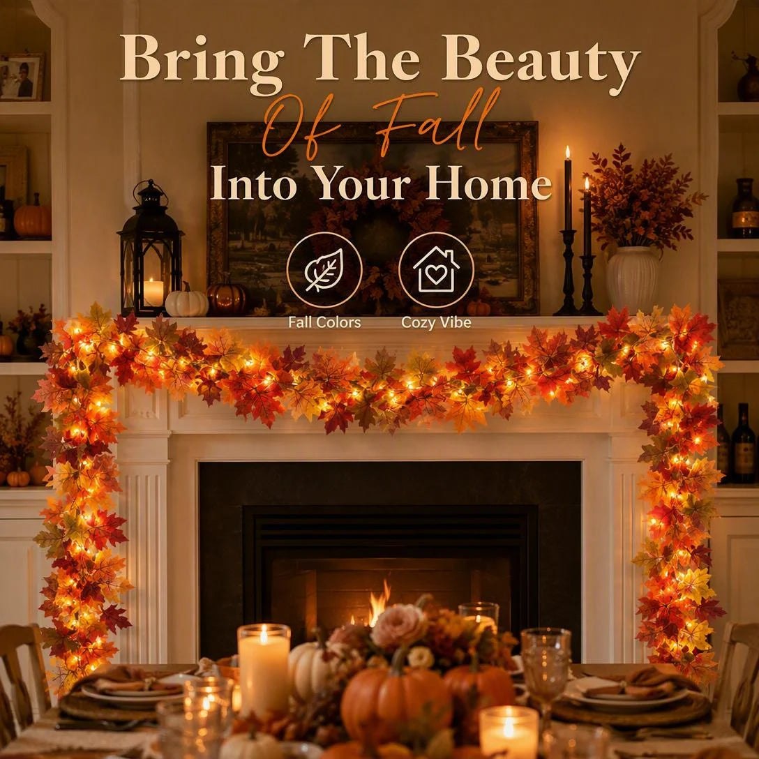 Fall Maple Leaf Lighted Garland For Thanksgiving & Holiday Decor