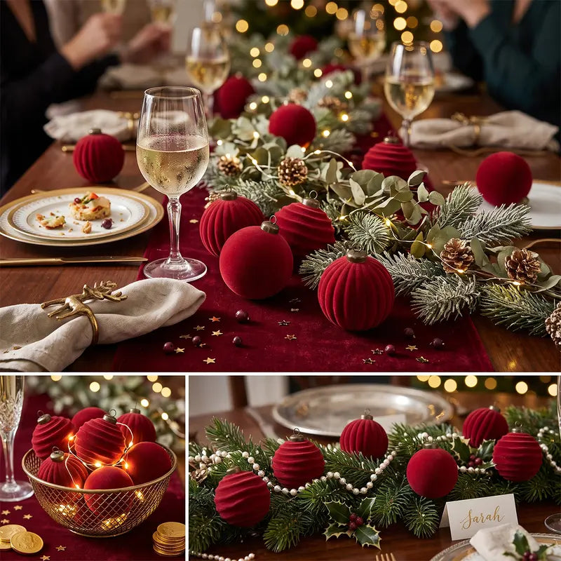 🎁16-Piece Red Velvet Flocked Christmas Ornaments
