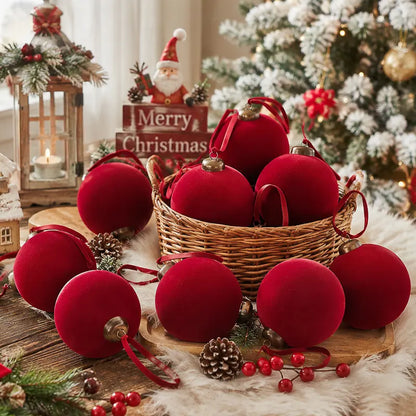 🎁16-Piece Red Velvet Flocked Christmas Ornaments