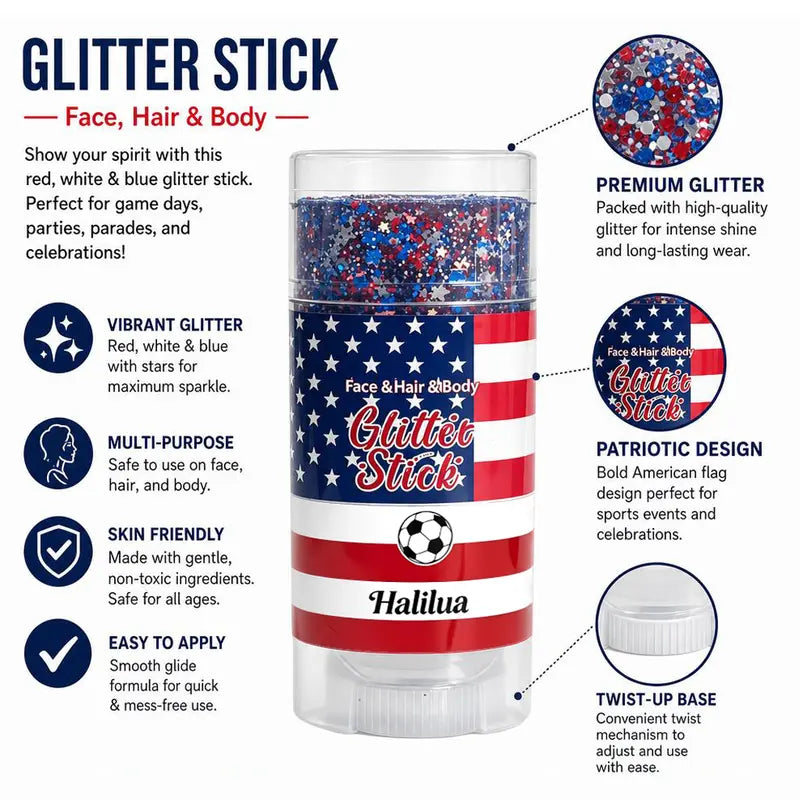 ✨ Self-Adhesive Glitter Stick – Red White & Blue Patriotic Body Makeup for 4th of July & Festivals