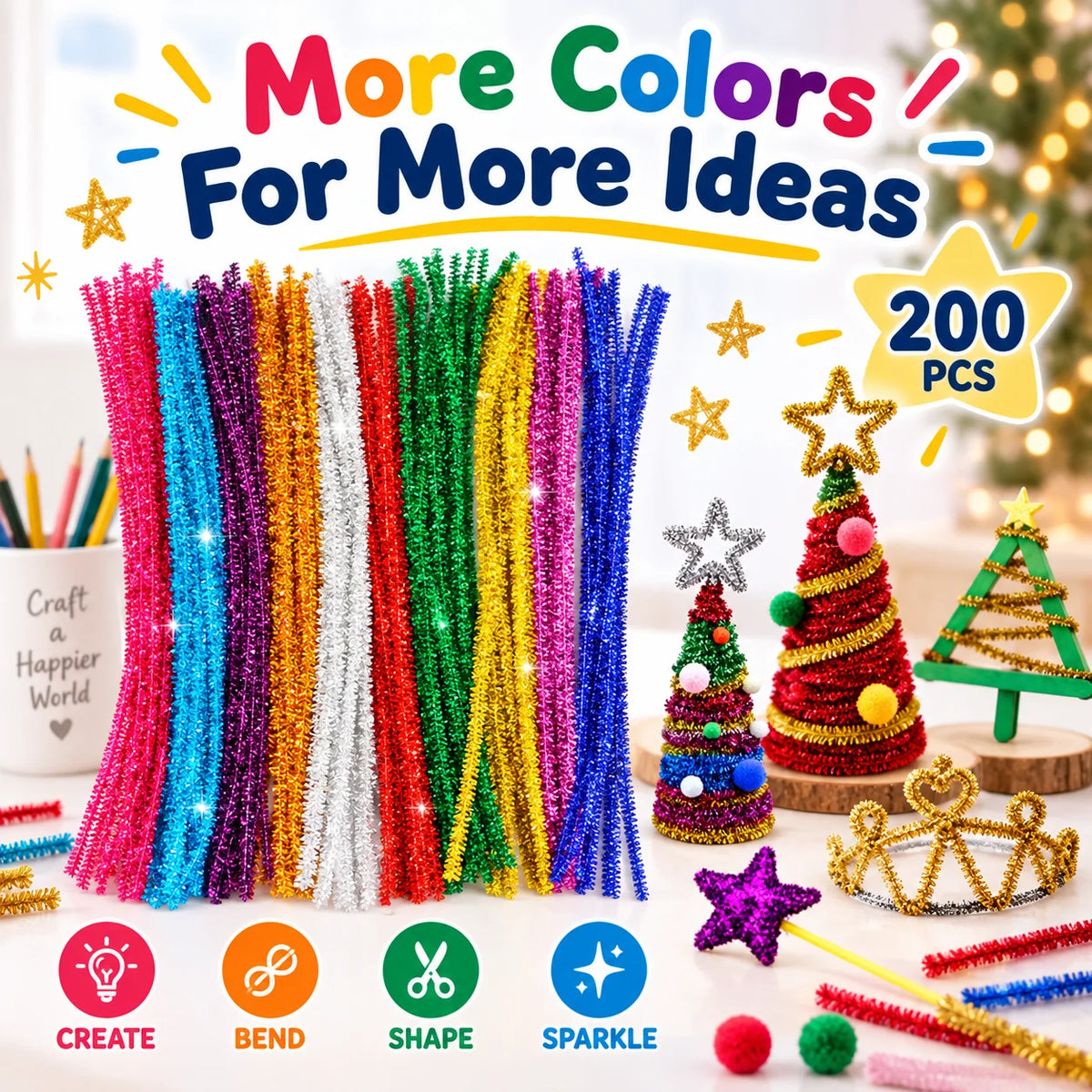 🎁200pcs Mixed Color Glitter Pipe Cleaners For DIY Crafts