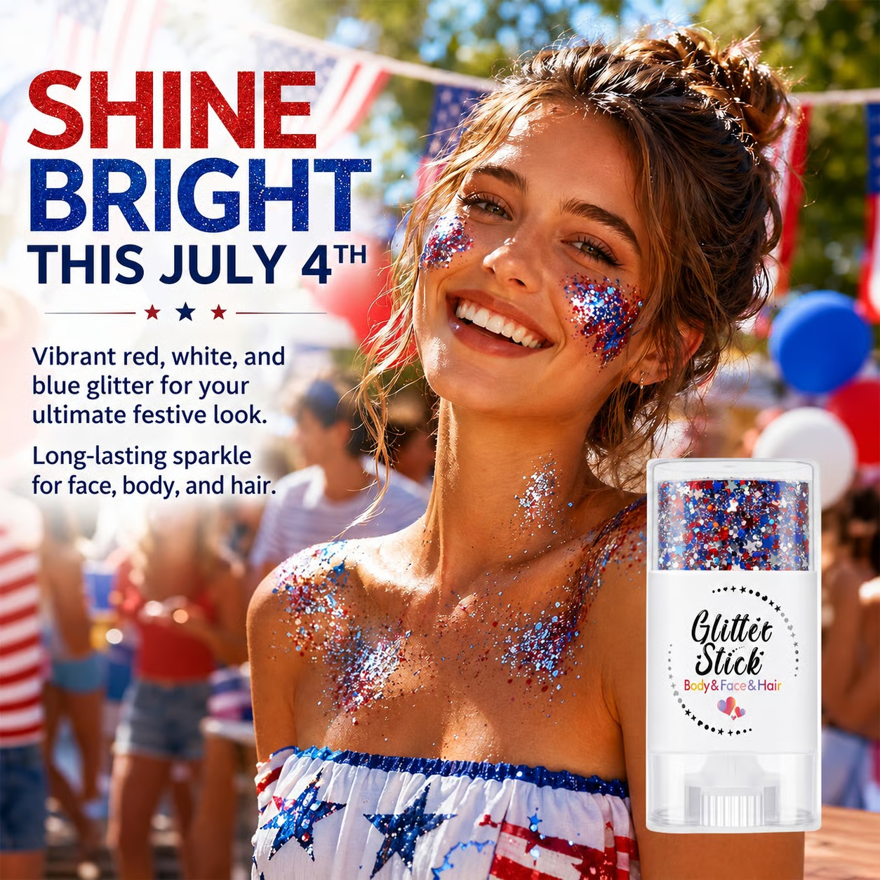 3-in-1 Patriotic Glow😍✨Red. White & Blue Glitter Body Stick