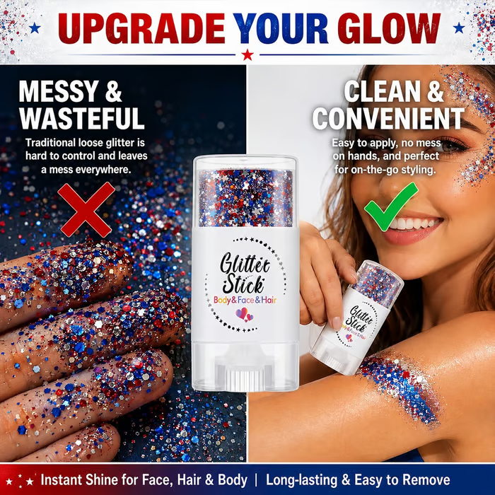 3-in-1 Patriotic Glow😍✨Red. White & Blue Glitter Body Stick