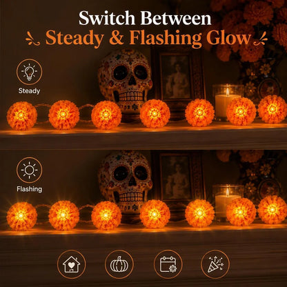 Marigold LED Memorial String Lights – 20 Glowing Flowers for Ofrendas & Remembrance