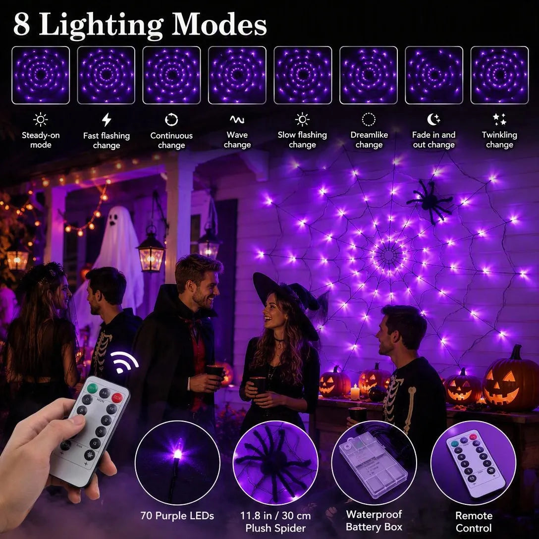 Purple LED Halloween Spider Web Lights With Spider