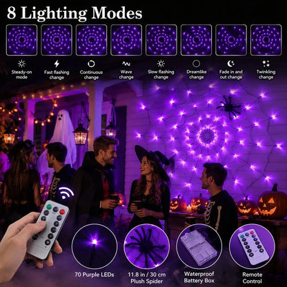 Purple LED Halloween Spider Web Lights With Spider