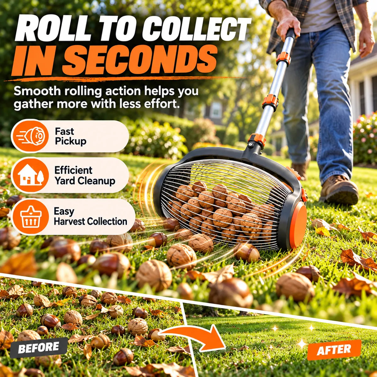 🎁Telescoping Nut Gatherer – Adjustable Rolling Nut & Fruit Collector