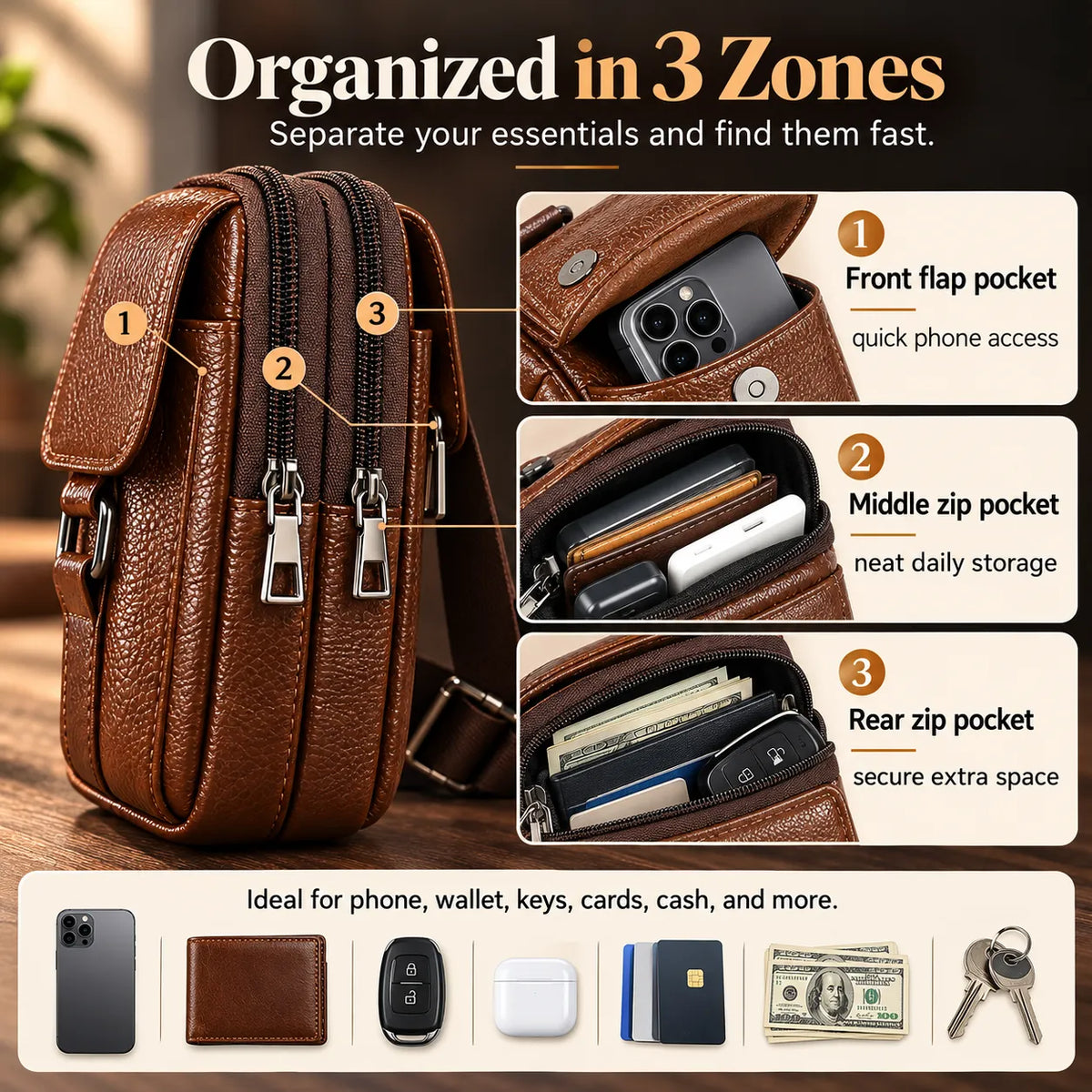 🎁Men’s Leather Phone Bag with 3 Compartments, Magnetic Flap & Adjustable Crossbody Strap
