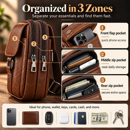 🎁Men’s Leather Phone Bag with 3 Compartments, Magnetic Flap & Adjustable Crossbody Strap