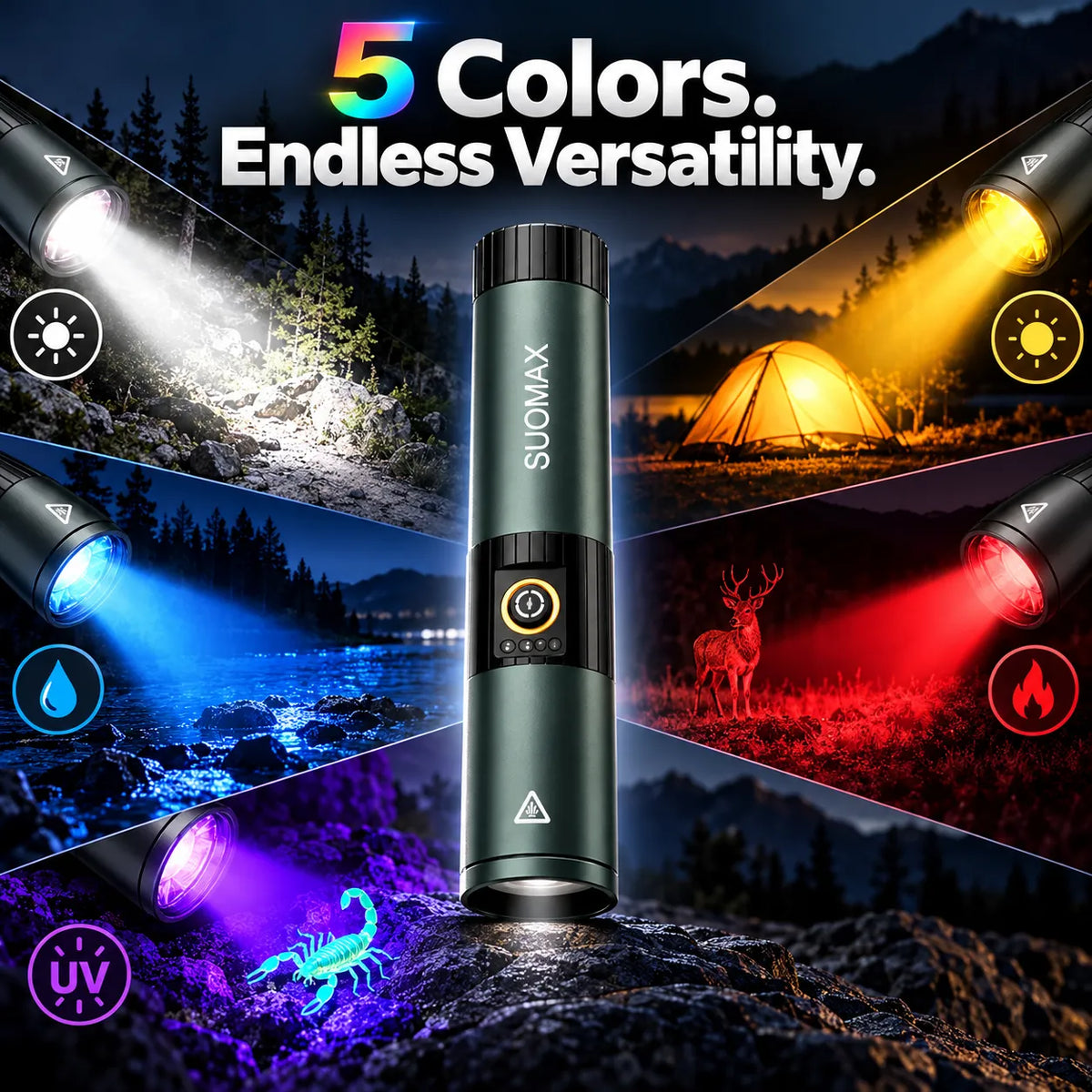 🎁8-Mode Rechargeable LED Flashlight – Adjustable Focus & UV Light