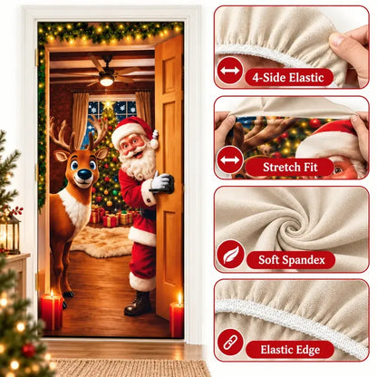 🎁Stretch Christmas Door Cover with Santa &amp; Reindeer Print