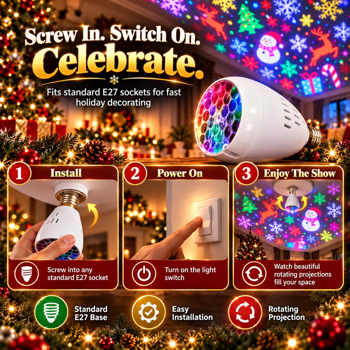 🎁E27 Rotating Christmas Snowflake Projector Light Bulb