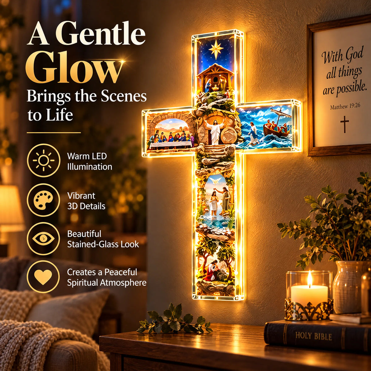 🎁Illuminated Biblical Story Cross With 6 Jesus Scenes