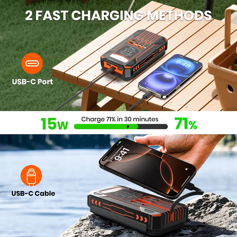 🎁48000mAh Solar Power Bank with Wireless Charging &amp; Built-In Cables