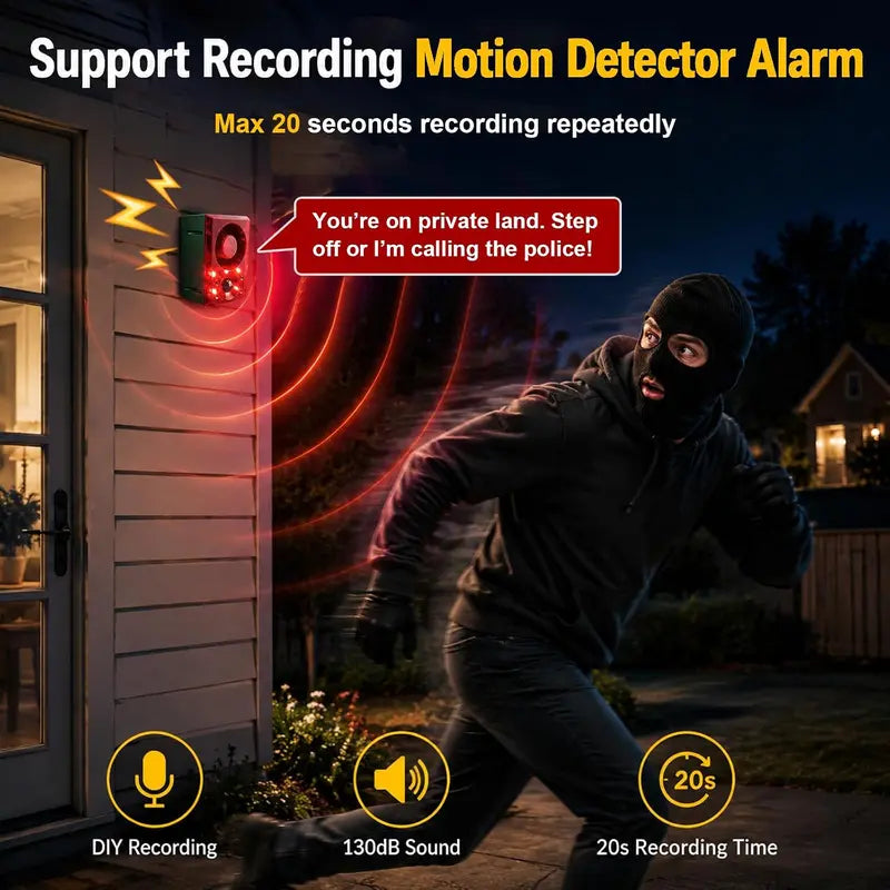 🎁Solar Motion Sensor Alarm with 130dB Siren, Flashing Light & Custom Recording